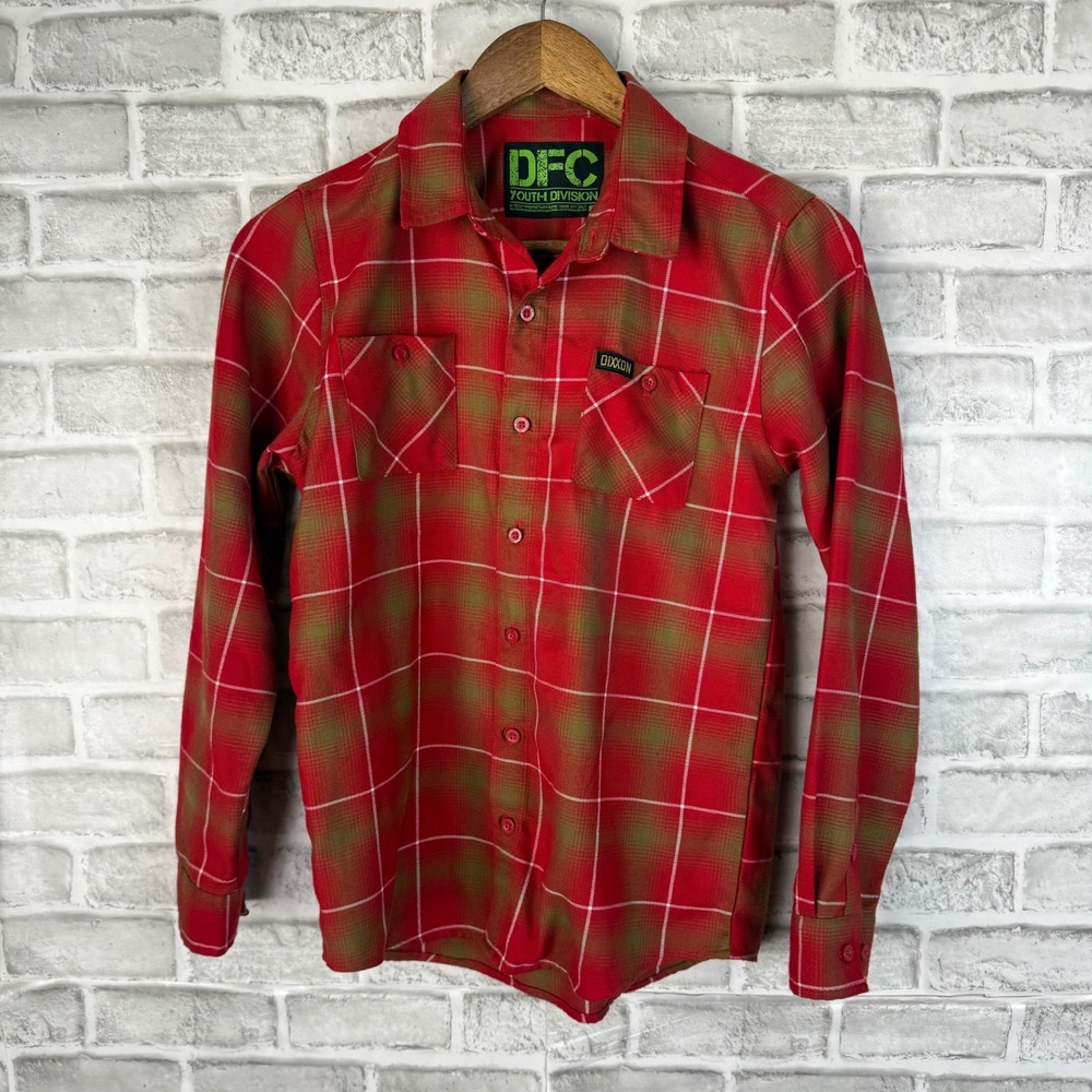 Dixxon Flannel Co Youth Division Red Olive Green Plaid D-Tech Shirt Kids Large